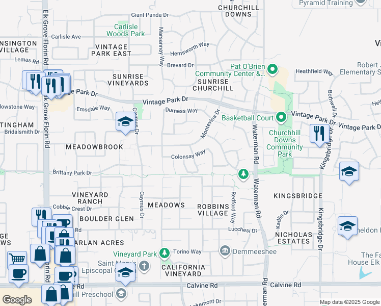 map of restaurants, bars, coffee shops, grocery stores, and more near 9157 Colonsay Way in Sacramento