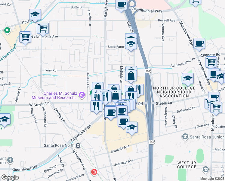 map of restaurants, bars, coffee shops, grocery stores, and more near 2307 McBride Lane in Santa Rosa