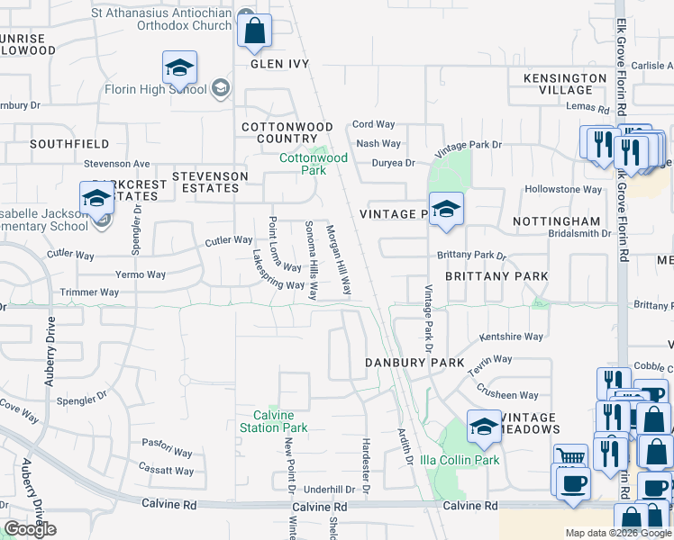 map of restaurants, bars, coffee shops, grocery stores, and more near 8604 Franzia Court in Sacramento
