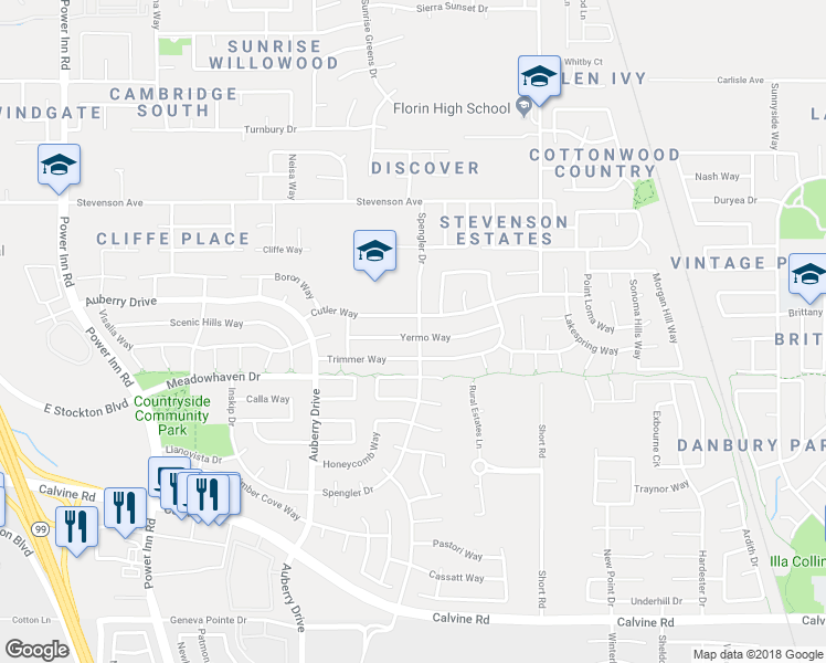map of restaurants, bars, coffee shops, grocery stores, and more near 8393 Yermo Way in Sacramento