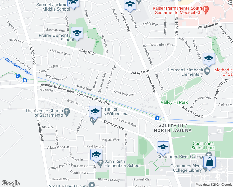 map of restaurants, bars, coffee shops, grocery stores, and more near 5740 Valley Vale Way in Sacramento