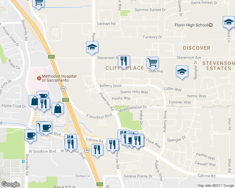 map of restaurants, bars, coffee shops, grocery stores, and more near 8148 Scenic Hills Way in Sacramento