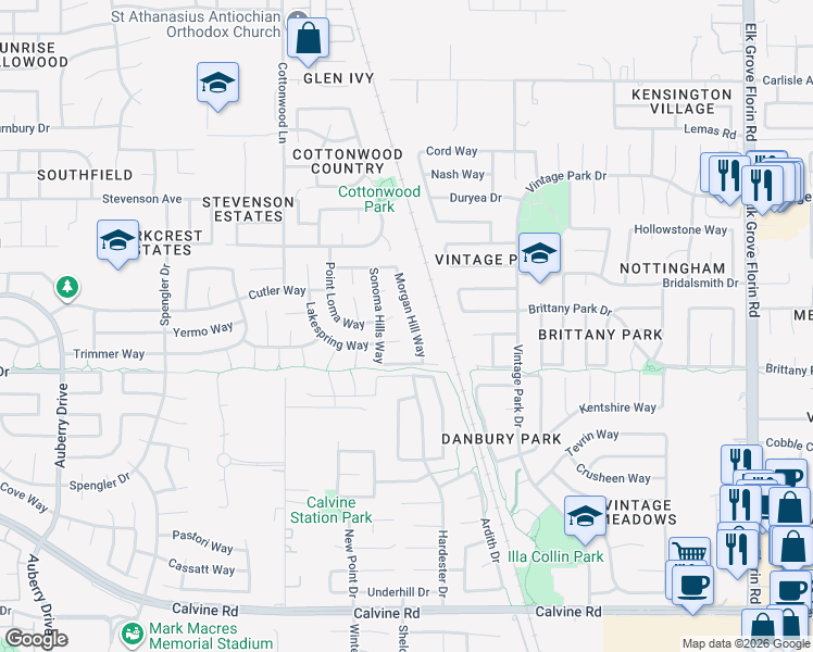 map of restaurants, bars, coffee shops, grocery stores, and more near 8604 Franzia Court in Sacramento
