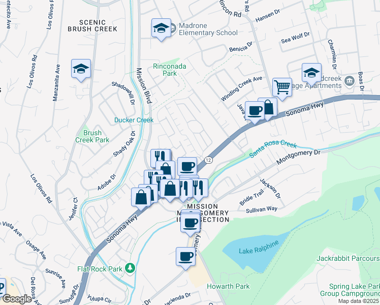 map of restaurants, bars, coffee shops, grocery stores, and more near 33 Cardinal Way in Santa Rosa