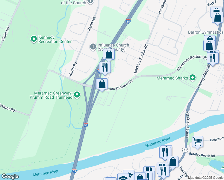 map of restaurants, bars, coffee shops, grocery stores, and more near 4453 Meramec Bottom Road in St. Louis