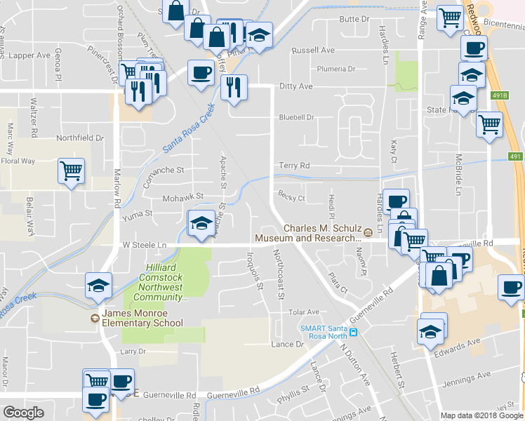 map of restaurants, bars, coffee shops, grocery stores, and more near 2840 Apple Valley Lane in Santa Rosa