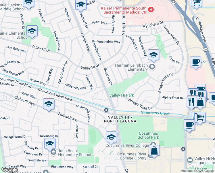 map of restaurants, bars, coffee shops, grocery stores, and more near 8159 Center Parkway in Sacramento