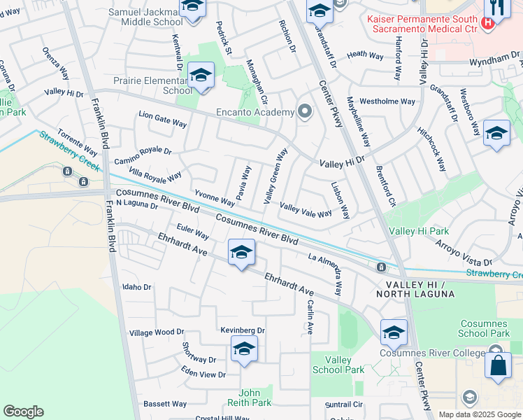 map of restaurants, bars, coffee shops, grocery stores, and more near 8164 Valley Green Way in Sacramento