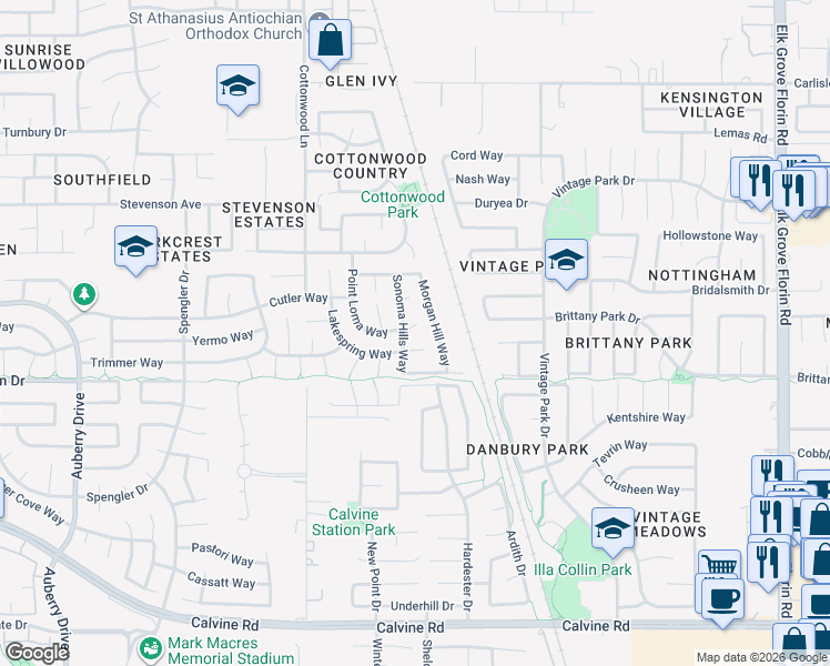 map of restaurants, bars, coffee shops, grocery stores, and more near 8604 Franzia Court in Sacramento