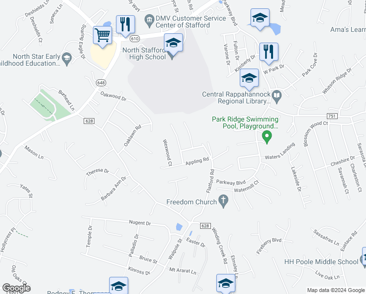 map of restaurants, bars, coffee shops, grocery stores, and more near 6 Wendover Court in Stafford