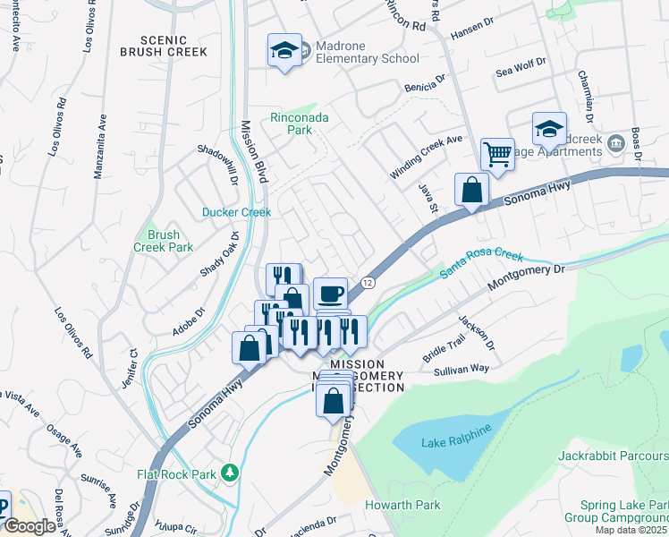 map of restaurants, bars, coffee shops, grocery stores, and more near 33 Cardinal Way in Santa Rosa