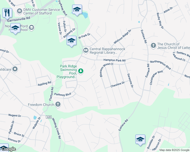 map of restaurants, bars, coffee shops, grocery stores, and more near 210 Waters Landing in Stafford