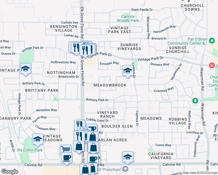 map of restaurants, bars, coffee shops, grocery stores, and more near 8045 Silverleaf Way in Sacramento
