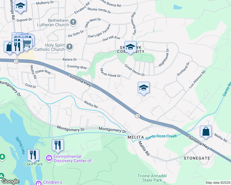 map of restaurants, bars, coffee shops, grocery stores, and more near 1480 Hawk Crest Place in Santa Rosa
