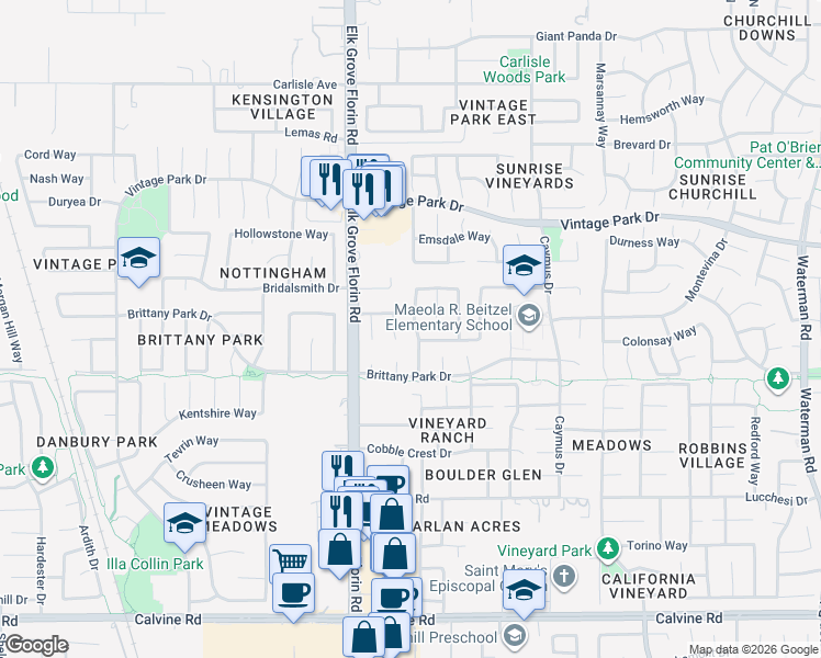 map of restaurants, bars, coffee shops, grocery stores, and more near 8156 Silverleaf Way in Sacramento