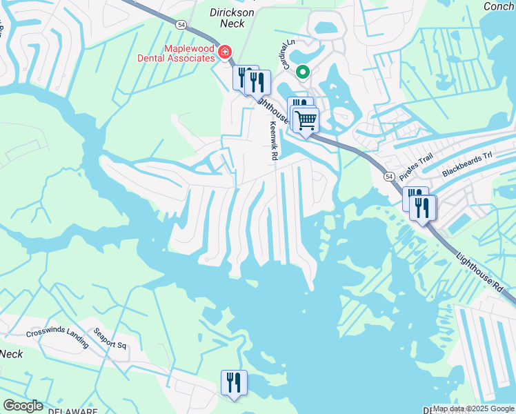 map of restaurants, bars, coffee shops, grocery stores, and more near 38344 Hickory Lane in Selbyville