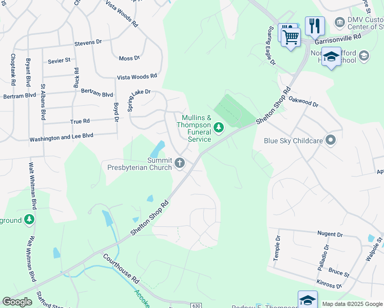 map of restaurants, bars, coffee shops, grocery stores, and more near 6 Cookson Drive in Stafford
