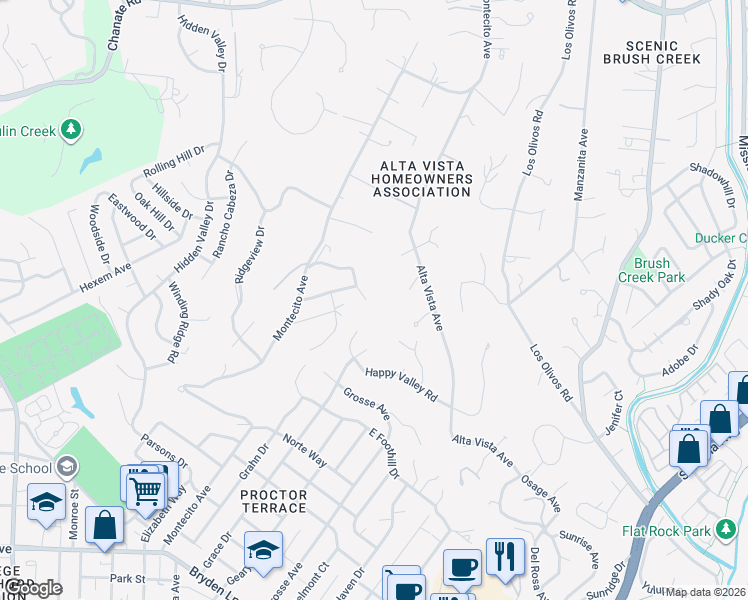 map of restaurants, bars, coffee shops, grocery stores, and more near 3546 Happy Valley Road in Santa Rosa