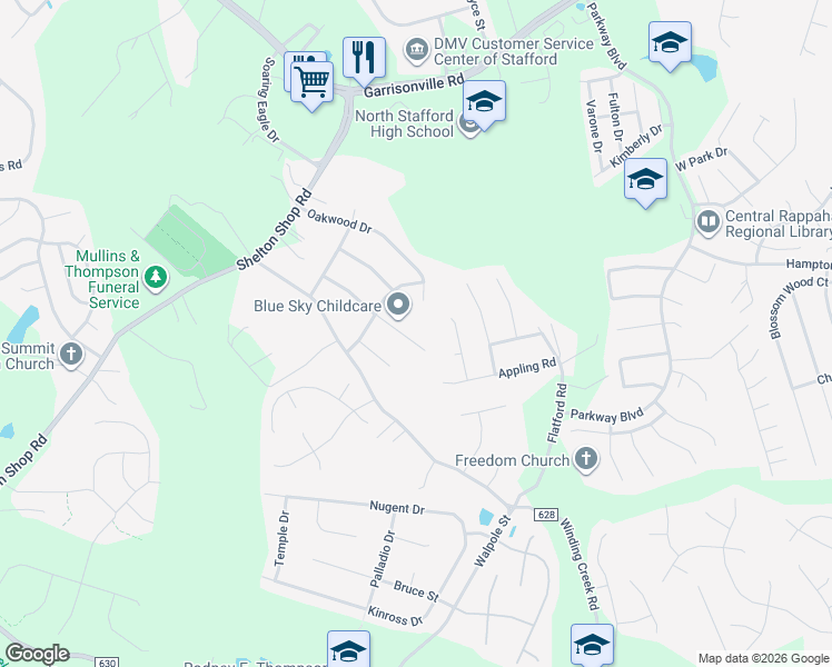 map of restaurants, bars, coffee shops, grocery stores, and more near 125 Ivywood Drive in Stafford
