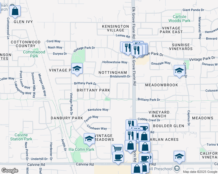map of restaurants, bars, coffee shops, grocery stores, and more near 8821 Somershire Way in Sacramento