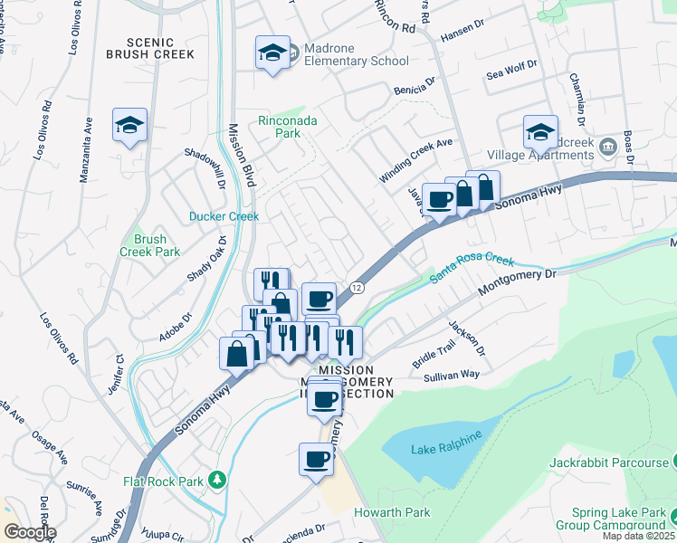 map of restaurants, bars, coffee shops, grocery stores, and more near 27 Redwing Drive in Santa Rosa