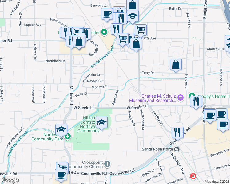 map of restaurants, bars, coffee shops, grocery stores, and more near 2855 Apache Street in Santa Rosa
