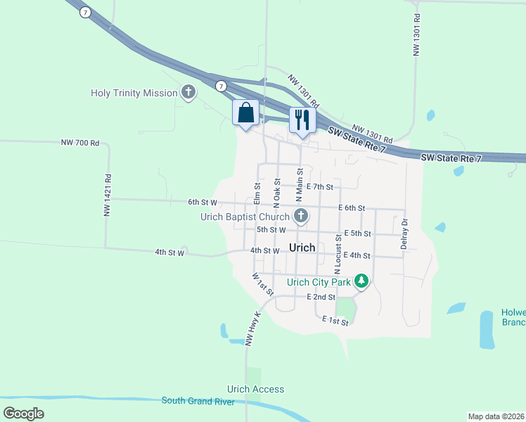 map of restaurants, bars, coffee shops, grocery stores, and more near 500-598 North Elm Street in Urich