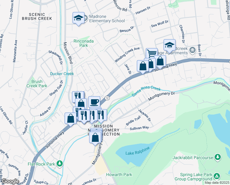 map of restaurants, bars, coffee shops, grocery stores, and more near 4692 Sonoma Highway in Santa Rosa