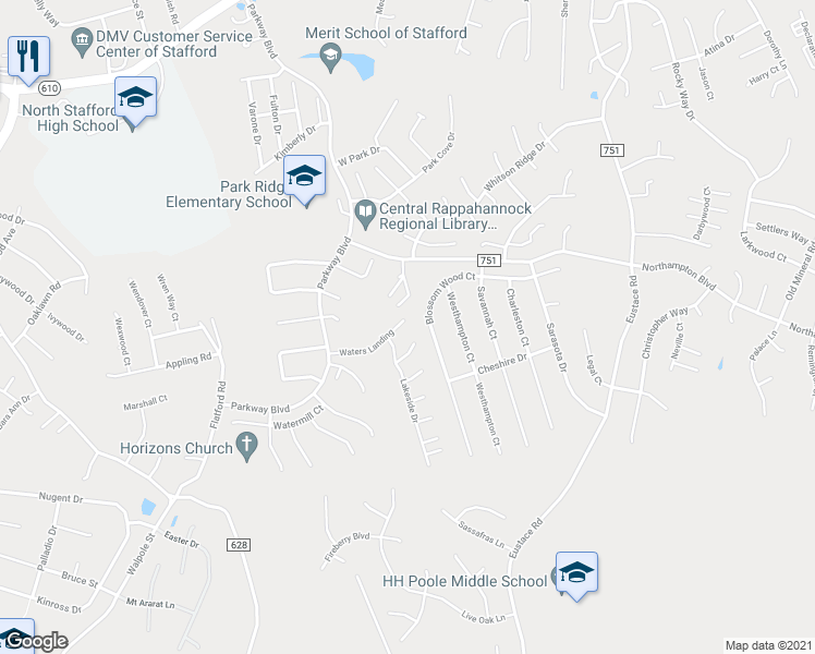 map of restaurants, bars, coffee shops, grocery stores, and more near 212 Waters Landing in Stafford