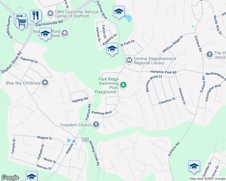map of restaurants, bars, coffee shops, grocery stores, and more near 5 Sharon Lane in Stafford
