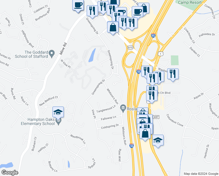 map of restaurants, bars, coffee shops, grocery stores, and more near 106 Whitson's Run in Stafford
