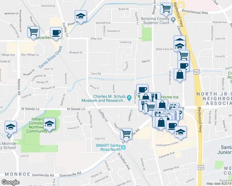 map of restaurants, bars, coffee shops, grocery stores, and more near 2342 Heidi Place in Santa Rosa