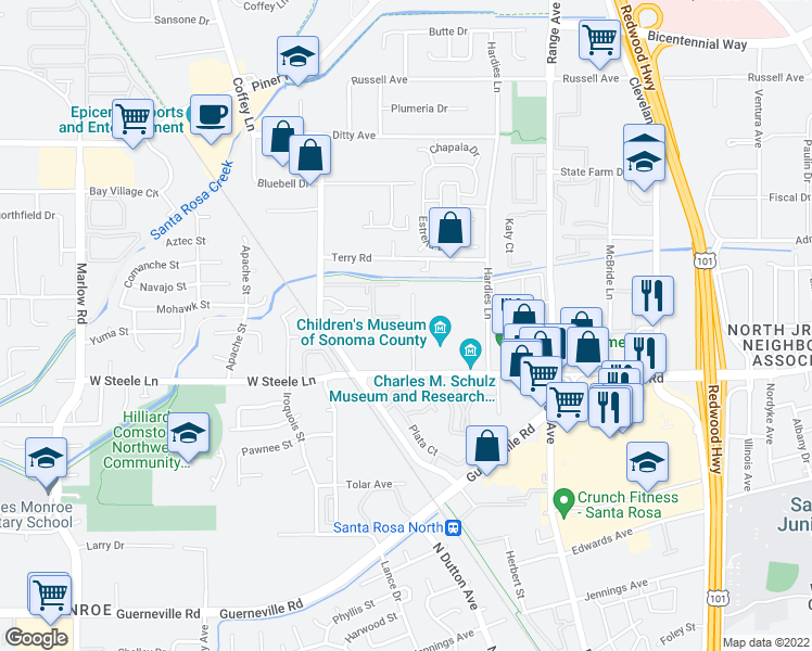 map of restaurants, bars, coffee shops, grocery stores, and more near 2051 West Steele Lane in Santa Rosa