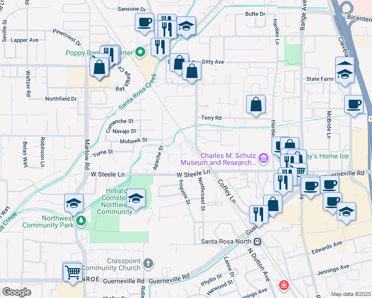 map of restaurants, bars, coffee shops, grocery stores, and more near 2840 Apple Valley Lane in Santa Rosa