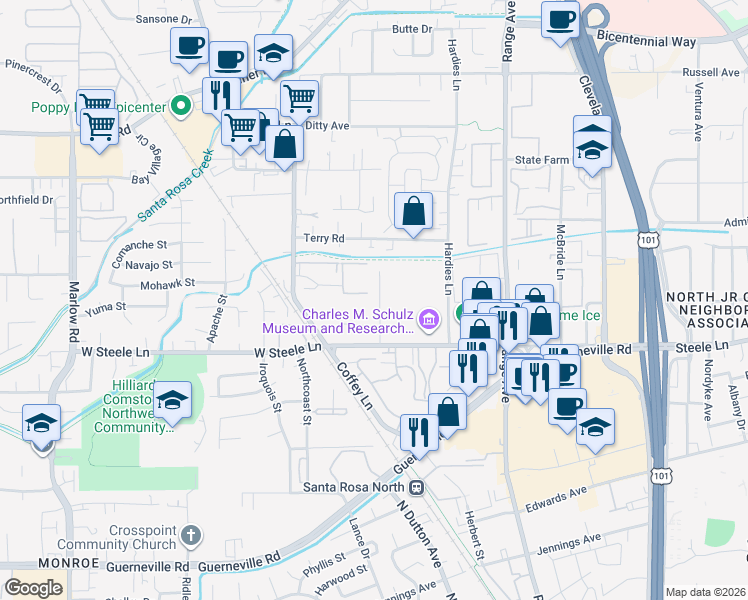 map of restaurants, bars, coffee shops, grocery stores, and more near 2343 Heidi Place in Santa Rosa