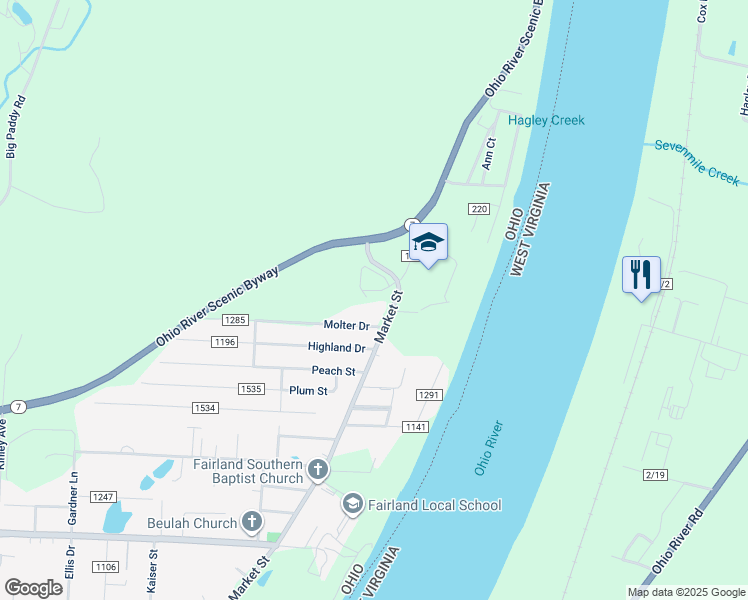 map of restaurants, bars, coffee shops, grocery stores, and more near 10586 Market Street in Proctorville