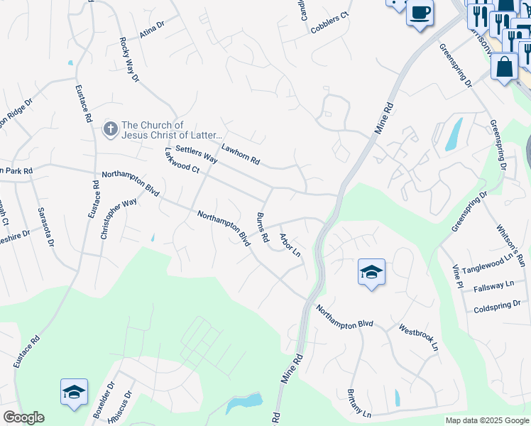 map of restaurants, bars, coffee shops, grocery stores, and more near 9 Burns Road in Stafford