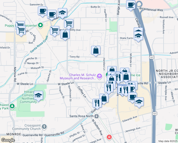 map of restaurants, bars, coffee shops, grocery stores, and more near 2342 Heidi Place in Santa Rosa
