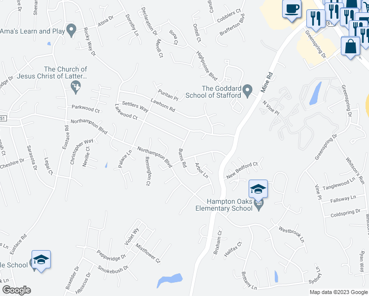 map of restaurants, bars, coffee shops, grocery stores, and more near 9 Burns Road in Stafford