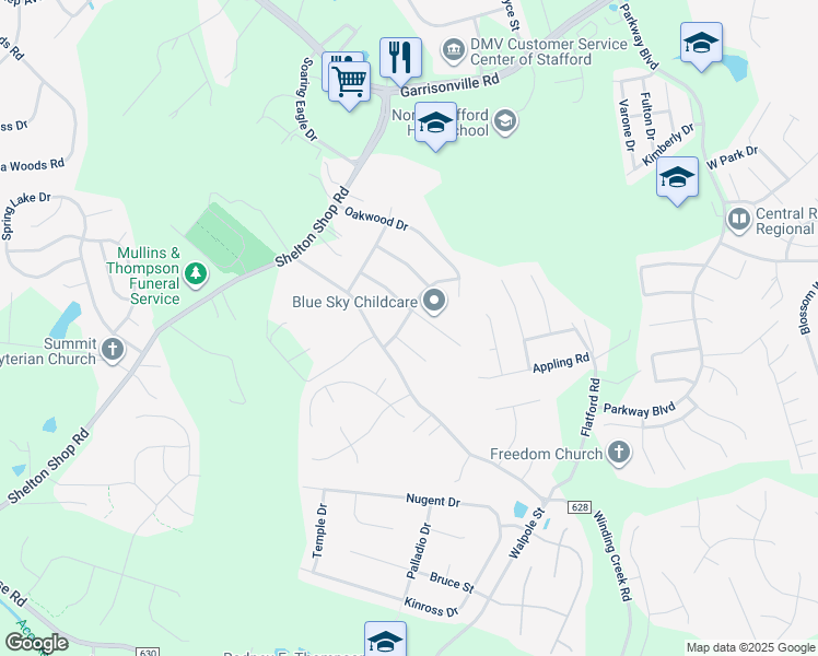 map of restaurants, bars, coffee shops, grocery stores, and more near 114 Oaklawn Road in Stafford
