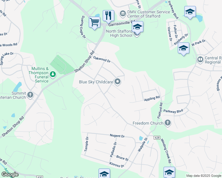 map of restaurants, bars, coffee shops, grocery stores, and more near 114 Oaklawn Road in Stafford