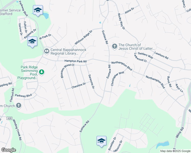map of restaurants, bars, coffee shops, grocery stores, and more near 19 Legal Court in Stafford
