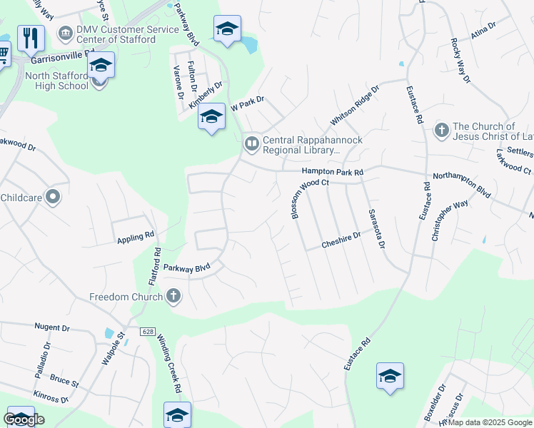 map of restaurants, bars, coffee shops, grocery stores, and more near 203 Waters Landing in Stafford