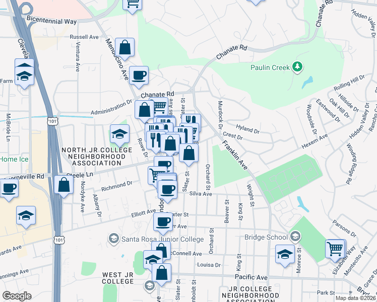 map of restaurants, bars, coffee shops, grocery stores, and more near 2168 Slater Street in Santa Rosa