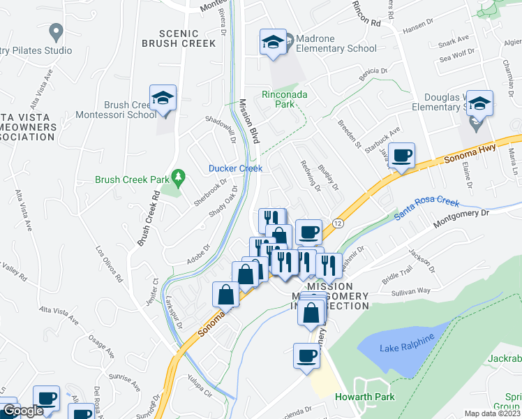 map of restaurants, bars, coffee shops, grocery stores, and more near 86 Randall Lane in Santa Rosa