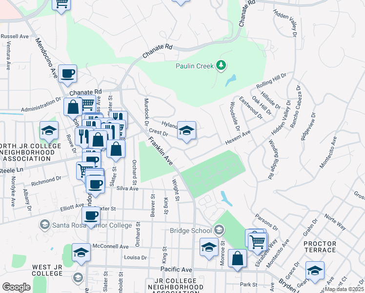 map of restaurants, bars, coffee shops, grocery stores, and more near 1017 Danbeck Avenue in Santa Rosa