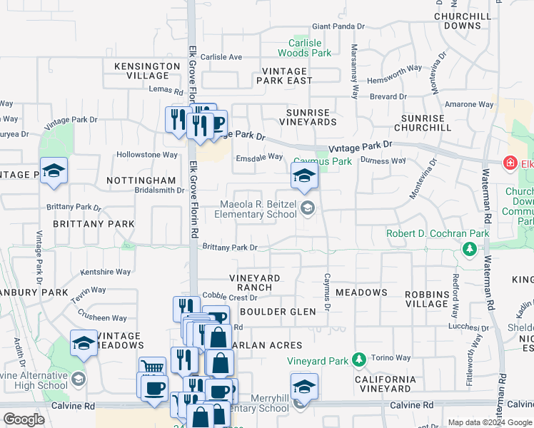 map of restaurants, bars, coffee shops, grocery stores, and more near 8050 Silverleaf Way in Sacramento