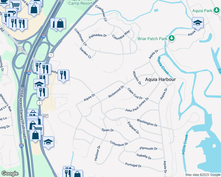 map of restaurants, bars, coffee shops, grocery stores, and more near 1115 Aquia Drive in Stafford