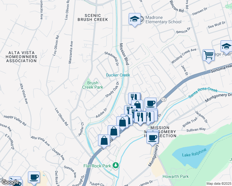 map of restaurants, bars, coffee shops, grocery stores, and more near 908 Shady Oak Drive in Santa Rosa