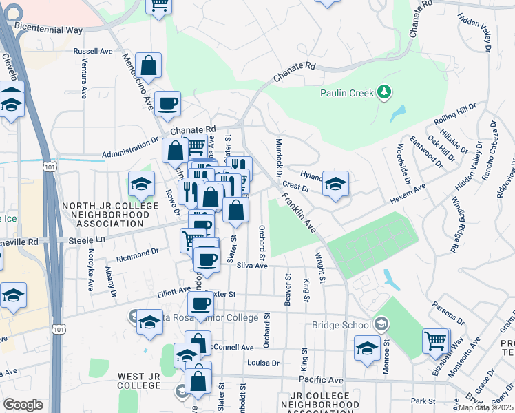 map of restaurants, bars, coffee shops, grocery stores, and more near 2161 Orchard Street in Santa Rosa